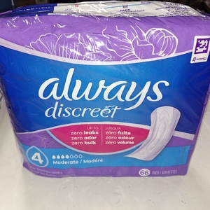 lot 20196 image: ALWAYS DISCREET 4 MODERATE 66 PADS ZERO LEAKS ZERO ODOR ZERO BULK