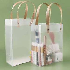 lot 26490 image: Transparent Gift Bags with Handles Reusable Plastic Clear White Frosted Tote Bags Party Flower Wrap Bag,21  15  8cm