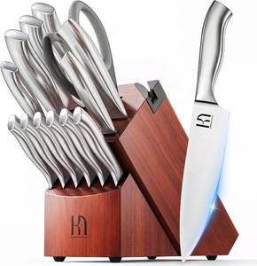lot 27318 image: KnifeSaga 14 Pcs Kitchen Knife Set with Block and Sharpener, Professional  Innovative Steel, High Carbon Stainless, Enduring Sharpness, Ergonomic Handle, Quality Wood Block, Gift Box