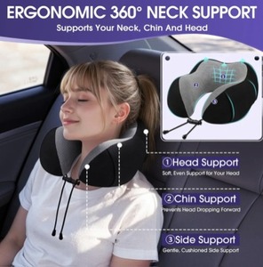 lot 27327 image: Neck Pillow for Airplanes, Memory Foam Travel Pillow, Black Compact Flight Pillow with Eye Mask, Earplugs, Carry Bag, Travel Neck Pillow for Long Flight Sleep, Plane Travel Essentials