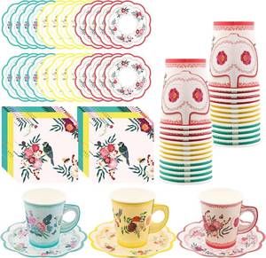 lot 27338 image: Ccshyysm Disposable Tea Cups - 24 Pack Paper Tea Cups and Saucers 9oz Floral Teacups with Handle Tea Party Decorations Supplies for Kids Girls Coffee Mugs Wedding Birthday Bridal Baby Shower