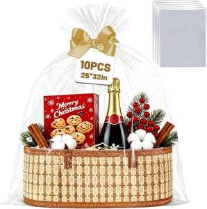 lot 45009 image: QOIUSO 10PCS Large Cellophane Bags 25x32 Inch   Clear Cellophane Wrap for Easter Gift Baskets, 2.8 Mil Thick Plastic Gift Bags for Valentines, Holidays, Weddings, Birthdays, and Party Gift Wrapping