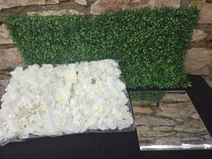 lot 139 image: Artificial Flower Wall Panel 24x16 White Rose with Greenery Backdrop&nbsp