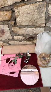 lot 153 image: Mixed Craft party and Decor Lot Pink Stencils Mirror Rope Ball Burlap Roll Straws -&nbsp