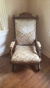 lot 127 image: Upholstered Wood Platform Rocker with Decorative Headrest and Lace Doily