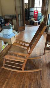 lot 221 image: Wooden Rocking Chair with Woven Back and Leather Seat (other items pictured not included)