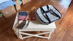 lot 230 image: Country Bench (24 Inches by 14 Inches by 18 Tall) Big Bowl Insulated Carrier, BBQ Grill Fork and Turner.