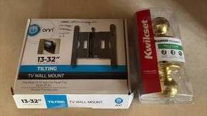 lot 234 image: Tilt Mount TV Wall Mount 13-32 inch Flat Panel with Hardware and NEW Kwikset Interior Locking Doorknob