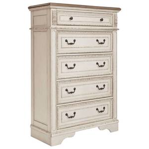 lot 25102 image: Realyn 5 Drawer Chest Chipped White Cottage Style Bedroom Storage - Signature Design by Ashley - Retail $1,129