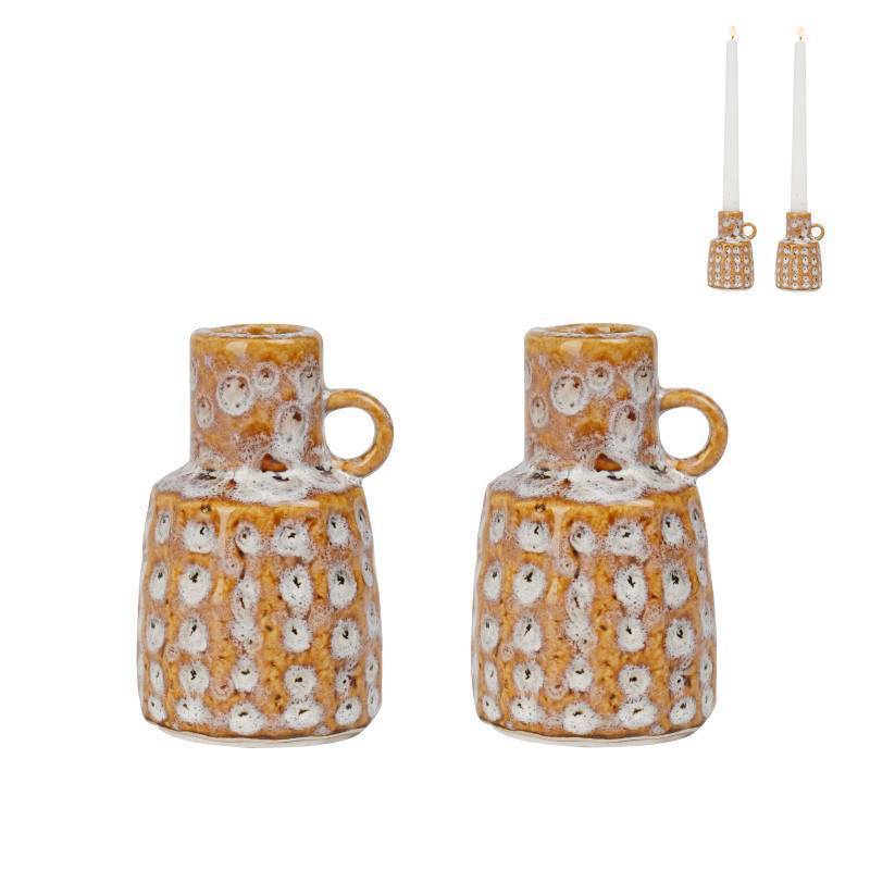 lot 2011 image: Ceramic Taper Candle Holder Decoration -Set of 2 Candlesticks with Handle Boho Style Candle Burning Display Holder for Coffee Table Centrepiece Living Room Farmhouse Tabletop Decor Cynkeyee Retail $24.18