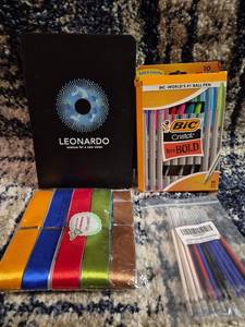 lot 122 image: BIC Cristal Xtra Bold 10-Pack Ball Pens with Leonardo Notebook and Accessories