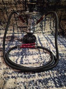lot 150 image: Hookah Water Pipe Two Hose with Red Wooden Handles