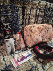 lot 206 image: Beauty Cosmetics Lot Hair Spray Contour Stick Lip Balm Eyelash Applicator Bag