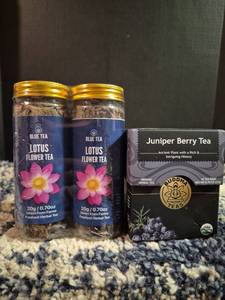 lot 227 image: Blue Tea Lotus Flower Tea 20g 2 pack  Buddha Teas Juniper Berry Tea 18 bags