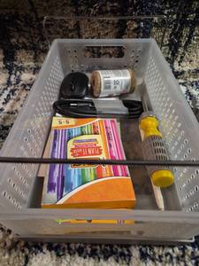 lot 237 image: Craft Supply Lot Basket with Mouse Markers Twine Brush Tools