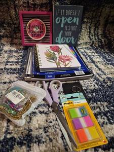 lot 262 image: School Supplies Lot Notebooks, Post-it Flags, Scissors, Beaded Bracelets, Wall Signs