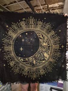lot 268 image: Black Wall Art Tapestry Moon Roses Gold Print Fringe - 24 x 24