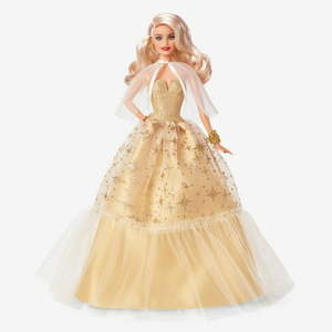 lot 310 image: 2023 Holiday Barbie Doll  Seasonal Collector Gift  Golden Gown and Blond Hair - Looks New Some Box Damage