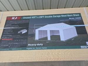 lot 6591 image: New KJ 45x25ft Heavy-Duty Double Garage Steel Barn Shed - Model K4525