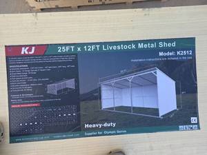 lot 6614 image: KJ 25x12ft Heavy-Duty Livestock Metal Shed - Model K2512 Damage to crate, product unaffected
