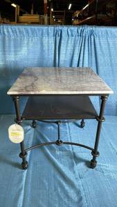 lot 3004 image: Metal and Marble Accent Table with Shelf White Carrara MarbleDark Bronze - Threshold designed with Studio McGee Fully Assembled