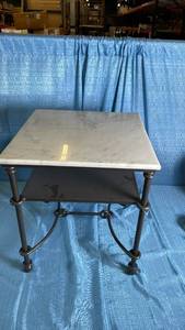 lot 3005 image: Two-Tier Side Table with Marble Top and Metal Frame