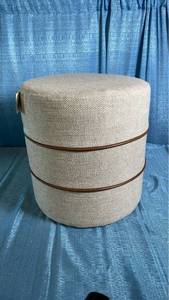 lot 3016 image: Catalina Round Ottoman Cream with Leather Piping - Threshold designed with Studio McGee