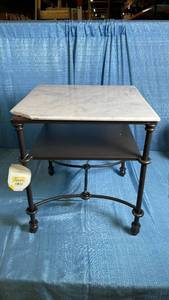 lot 3035 image: Metal and Marble Accent Table with Shelf White Carrara MarbleDark Bronze - Threshold designed with Studio McGee Fully Assembled