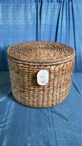 lot 3037 image: Wicker Storage Ottoman Natural - Threshold designed with Studio McGee Round Metal Frame, No Assembly, Lacquered Finish