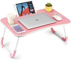 lot 142272 image: FISYOD Foldable Laptop Table, Portable Lap Desk Bed Table Tray, Laptop Stand with Cup Holder & Tablet Slot & Lifting Handle for Working Writing Drawing & Eating (Pink)