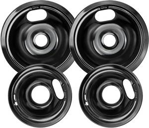 lot 142287 image: W10290350 W10290353 Porcelain Burner Drip Pan Bowls by Blutoget - Fit for Whirlpool Electric Range Stove Pans- 2 Pack 8-Inch and 2 Pack 6-Inch Pans(Black Porcelain),W10288051 Electric Stove Drip Pans