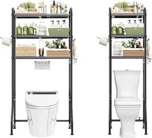 lot 142293 image: Simple Trending Expandable Over The Toilet Storage Rack, Metal 3 Tier Bathroom Organizer Shelf with Paper Holder and 3 Hooks, Black