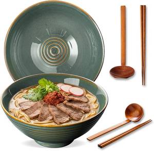 lot 142303 image: 8 Inch Ceramic Ramen Bowl Set of 2, 40oz Japanese Bowls with Spoons & Chopsticks,Durable,Microwave & Dishwasher Safe,Perfect for Ramen,Pho,Salad,Soup,Noodles Mixing bowls Dark Teal