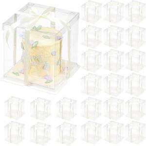 lot 142306 image: 24 Pcs Clear Gift Box with Ribbon 2-Layer 8.5x8.5x9 Inch, Transparent Cake Carrier Box with Lids, PET Tall Cake Packaging Boxes, Clear Gift Boxes for Birthday,Wedding and Festival Party
