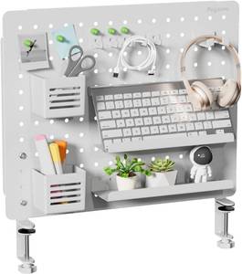 lot 142316 image: PEGZONE Clamp on Desk Pegboard, 20.4 x 16.5, with 15 Accessories, White