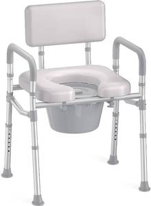 lot 242194 image: HOMLAND Bedside Commode with Padded Seat and Backrest, Aluminum Commode Toilet with Bucket, Easy Cleaning Portable Toilet for Adults and Seniors, 350 lb Capacity Enhanced Crossbar