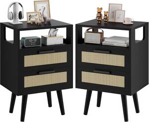 lot 242197 image: YMYNY Rattan Nightstand Set of 2, Boho Side Table with 2 Drawers, Open Shelf Unit with Arched Design, Solid Wood Legs, Storage Cabinet for Bedroom, Black UHST015B-2