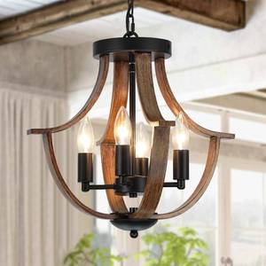 lot 342221 image: LAMPKEDUO Farmhouse Hanging Pendant Lighting, 4-Light Rustic Flush Mount Ceiling Light Fixture,Modern Faux Wood Vintage Chandelier for Dining Room Kitchen Island Foyer Hallway Entryway Bedroom