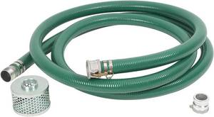 lot 342222 image: Retails for $125 Eastrans Discharge Hose Pump Kit Includes 2 x 20 Green PVC Suction Hose, Steel Round Hole Suction Strainer and Type A Cam and Groove Adapter