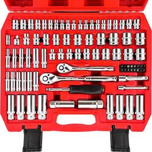 lot 342230 image: WETT 14 and 38 Drive Socket Set, 86-Piece Socket Wrench Set with Quick-Release Ratchet, Extention Bar, Adapter, 14 Bits, CR-V Steel, MetricSAE, DeepShallow, Mirror Chrome Finish