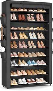 lot 342235 image: Shoe Rack with Cover, 10 Tier Shoe Organizer Storage for 40-50 Pairs Sneaker and Boots, Large Capacity, with 8 Pockets, Free Standing Tall Shoe Rack for Front Door Entrance, Closet