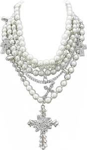 lot 342244 image: Layered Pearl Necklace Gothic Cross Pearl Stacked Necklace for Women