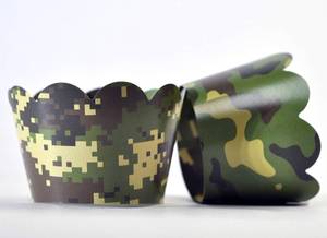 lot 342250 image: Camouflage Cupcake Wrappers for Gender Reveals, Baby Shower party supplies, BoyGirl Birthday parties, Hunting or Military themed parties. Set of 24 Reversible Soldier to digital camo pattern