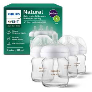 lot 442167 image: Philips Avent Natural Glass Baby Bottles with Natural Response Nipples (Slow Flow, Flow 2), 4oz, 4-Pack, SCY91004