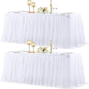 lot 442176 image: 2 Pack White Table Cloth for 6 Foot Rectangle Tables, White Stretch Fitted Tulle Table Covers Skirt, Rectangular Ruffle Tutu Tablecloth Wedding Banquet Baby Shower Cake Tablecloths Decorations