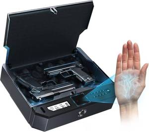 lot 261621 image: Retails for $140 Biometric Gun Safe Contactless Palm Vein, Raise Palm to Open in 0.1s, 3-Way Unlock KeypadKey Pistol Safe, Works with Any Hand & in Darkness Handgun Safe for Nightstand, Car & Home