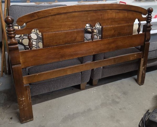 lot 43 image: Wooden Queen Headboard with Turned Posts - some light finish wear.  Missing extra board on one side that has slat for a full size, so only queen with holes for screw frame attachment