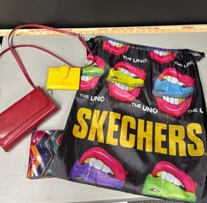 lot 126 image: Accessories Lot - Drawstring Skechers Bag, 2 Wallets and small red Crossbody Purse