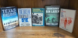 lot 705 image: 5 Military History Books Texas Rising, Company K, Green Berets, Bin Laden, Heroes Who Fell