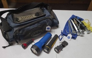 lot 773 image: Cabelas Fishing Tackle Bag with Flashlights and Tent Stakes